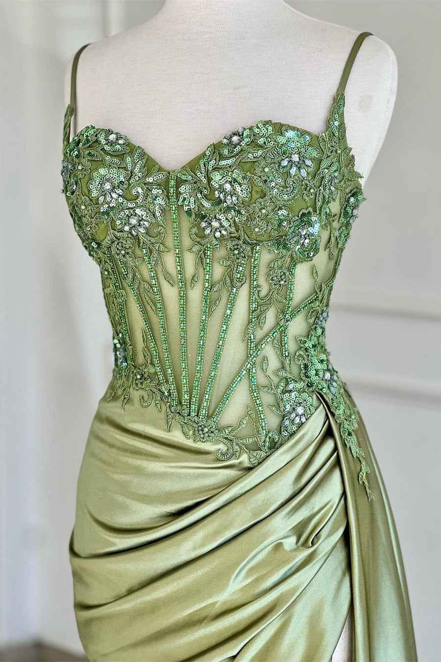 Trendy Mermaid Spaghetti Straps Silver Corset Prom Dress with Appliques