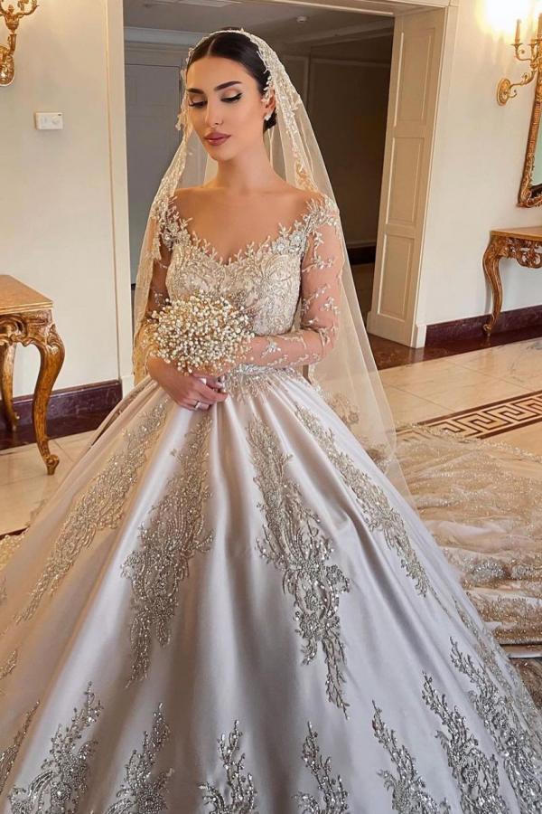 Gorgeous Sweetheart Long Sleeve Satin Wedding Dress with Beadings and Pearls BM bride