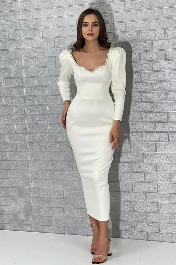White Jewel Long Sleeve Sequined Prom Dress BM bride