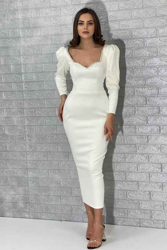 Shinning White Long Sleeves Prom Dress With Sequins Pleated
