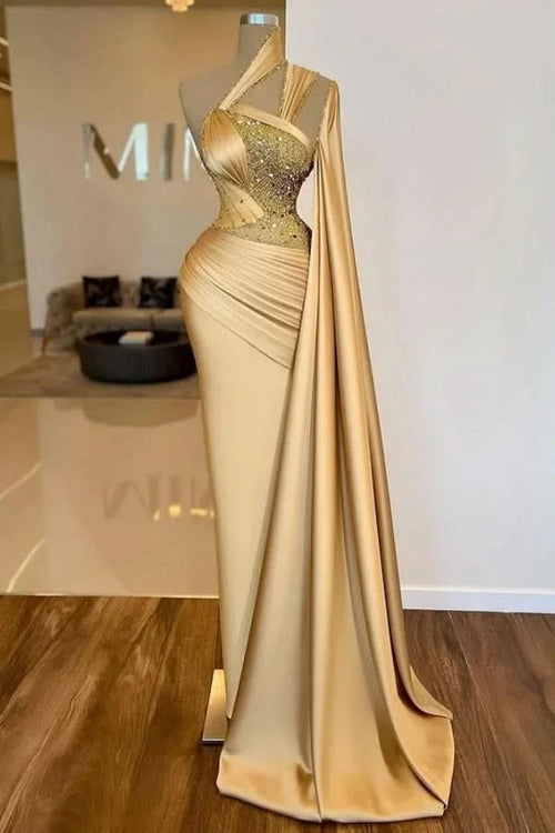 Luxurious Gold Asymmetric Mermaid Sheath Prom Dress BM bride