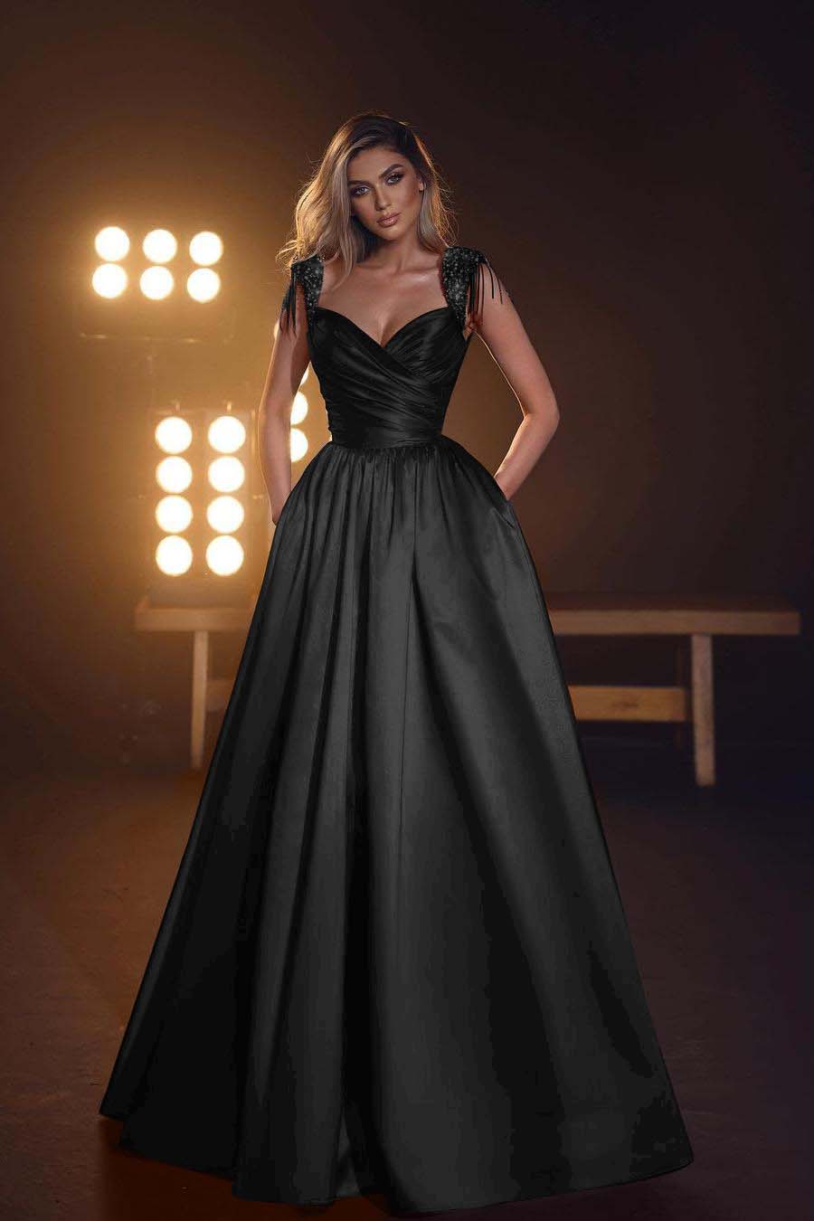 Straps Sleeveless Long Prom Dress With Pleated Pockets Sequins