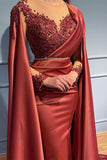 Rust Long Sleeve Mermaid Evening Dress with Bead Appliques and Ruffles BM bride