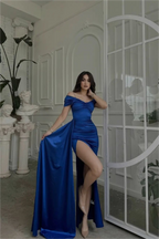 Simple Royal Blue Spaghetti Strap Pleated Long Prom Dress With Split
