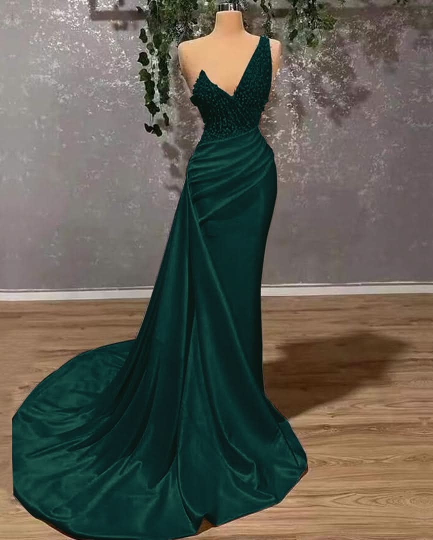 Ivory Elegant One-Shoulder Appliqued Mermaid Prom Dress with Ruffles BM bride