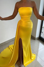 Light Yellow Strapless Sleeveless Prom Dress with Pleated Split BM bride