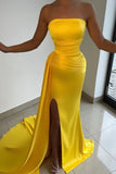 Light Yellow Strapless Sleeveless Prom Dress with Pleated Split BM bride