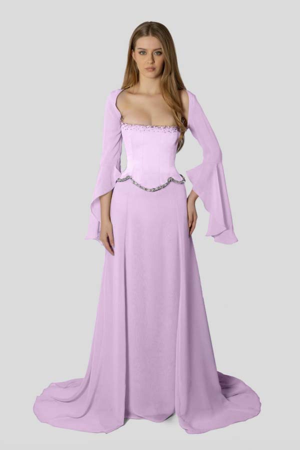 Chiffon Long Sleeves Long Mermaid Prom Dress With Beading Pleated BMBRIDE