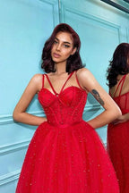 Red Spaghetti-Straps Tulle Prom Dress with Pearls BM bride