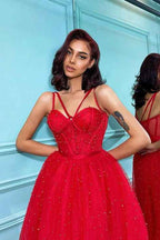 Tulle Red Spaghetti Strap Sweetheart Sleeveless Pearls Prom Dress On Sale