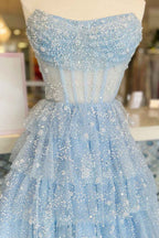 Light Blue Corset Strapless A-Line Tiered Short Homecoming Dress Bmbride