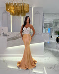 Gold Sequin Long Sweetheart Pleated Sleeveless Mermaid Prom Dress BM bride