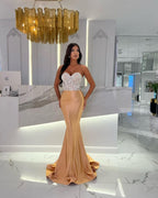 Gold Sequin Long Sweetheart Pleated Sleeveless Mermaid Prom Dress BM bride