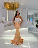 Gold Sequin Long Sweetheart Pleated Sleeveless Mermaid Prom Dress BM bride