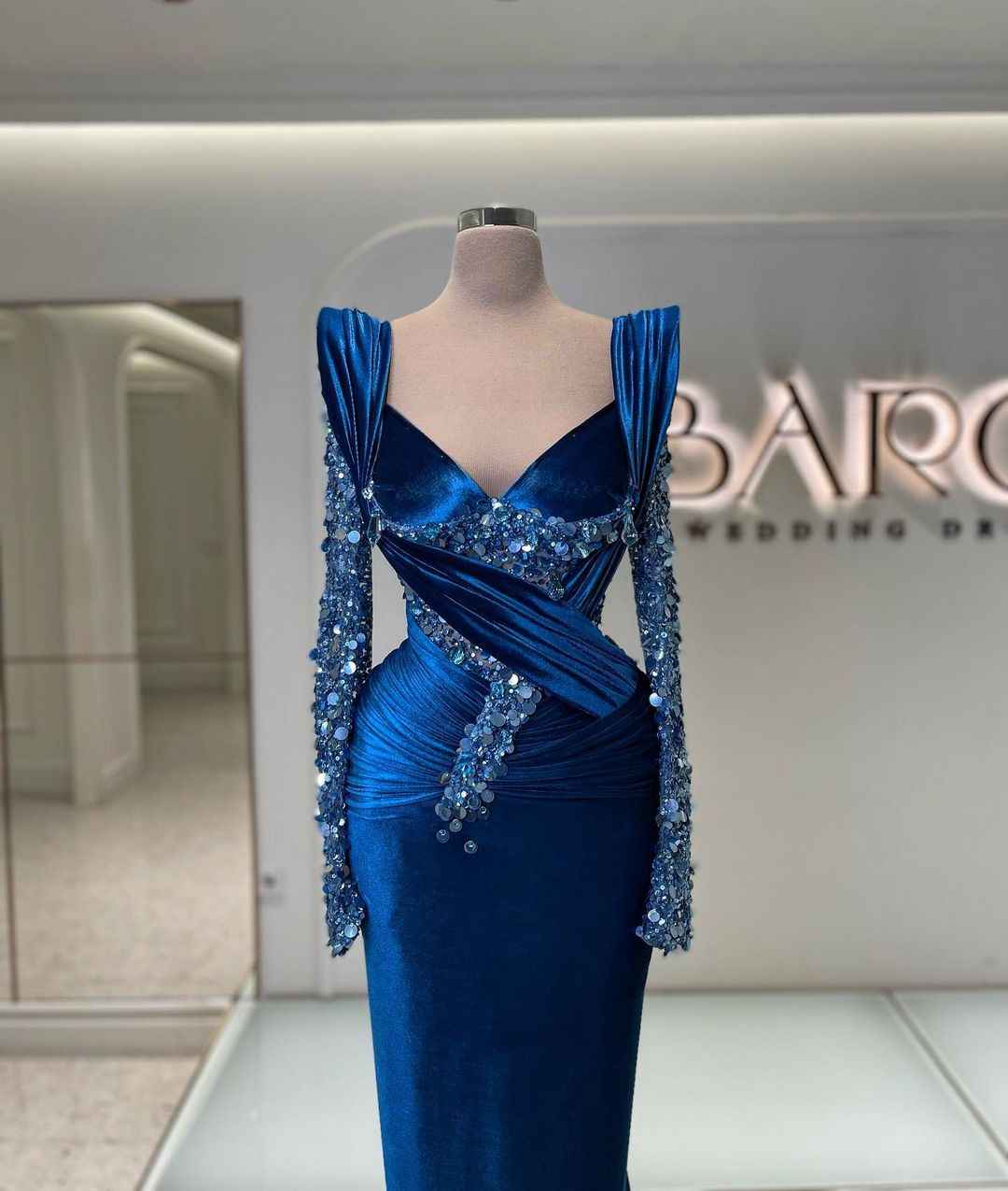 Prom Dress Royal Blue Long Sleeves Mermaid Charmeuse Beading