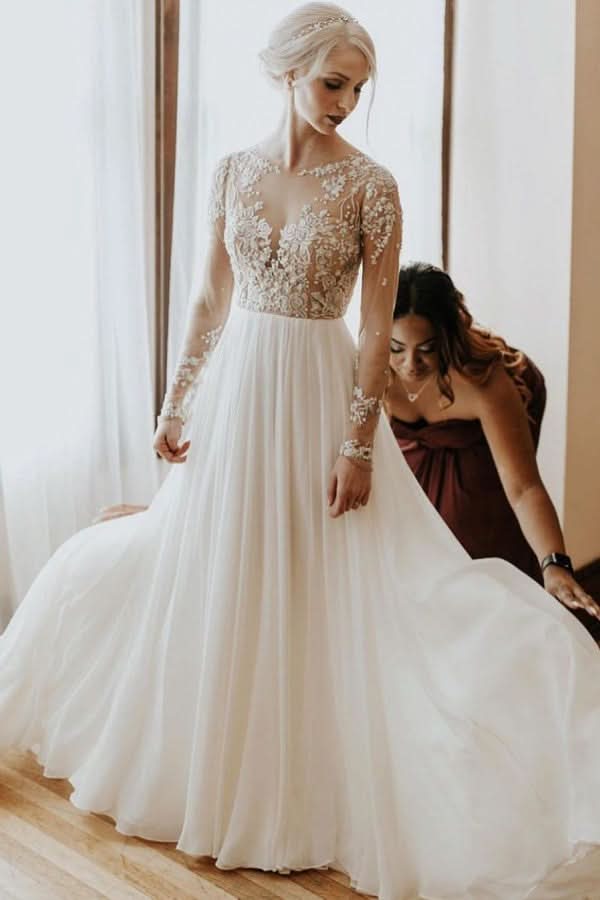 Vintage A-Line Long Sleeve Open Back Chiffon Wedding Dress with Lace Appliques BM bride