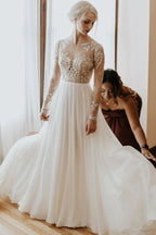 Vintage A-Line Long Sleeve Open Back Chiffon Wedding Dress with Lace Appliques BM bride