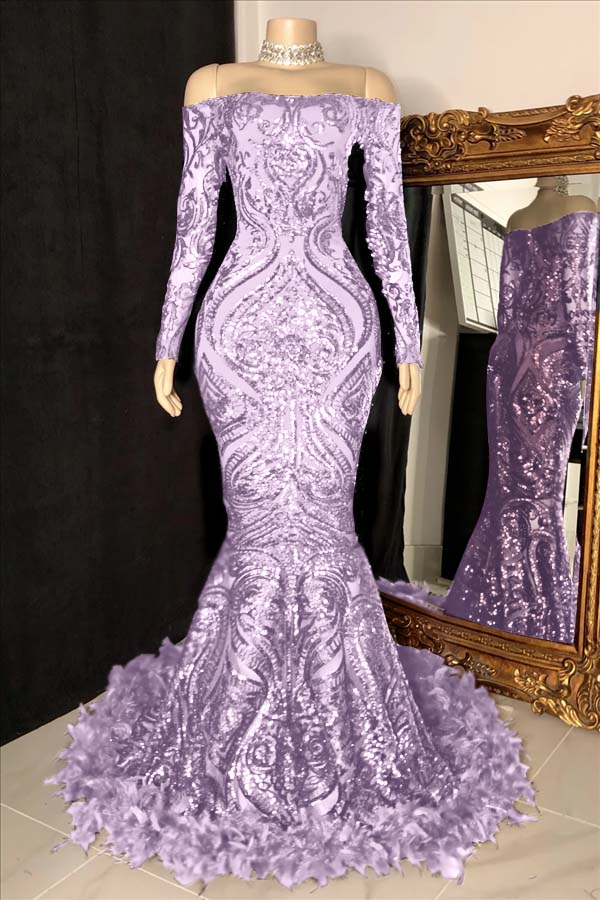 Long Sleeves Strapless Mermaid Prom Dress Sequins Burgundy With Feather BMBRIDE