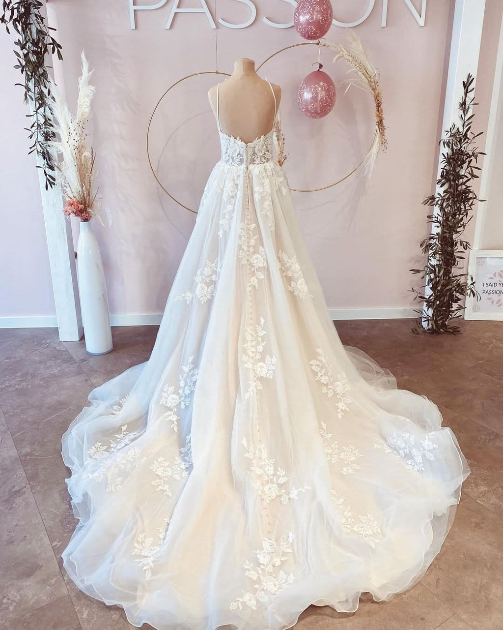 A-line V-neck Backless Long Wedding Dress With Tulle BM bride