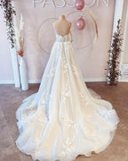 A-line V-neck Backless Long Wedding Dress With Tulle BM bride