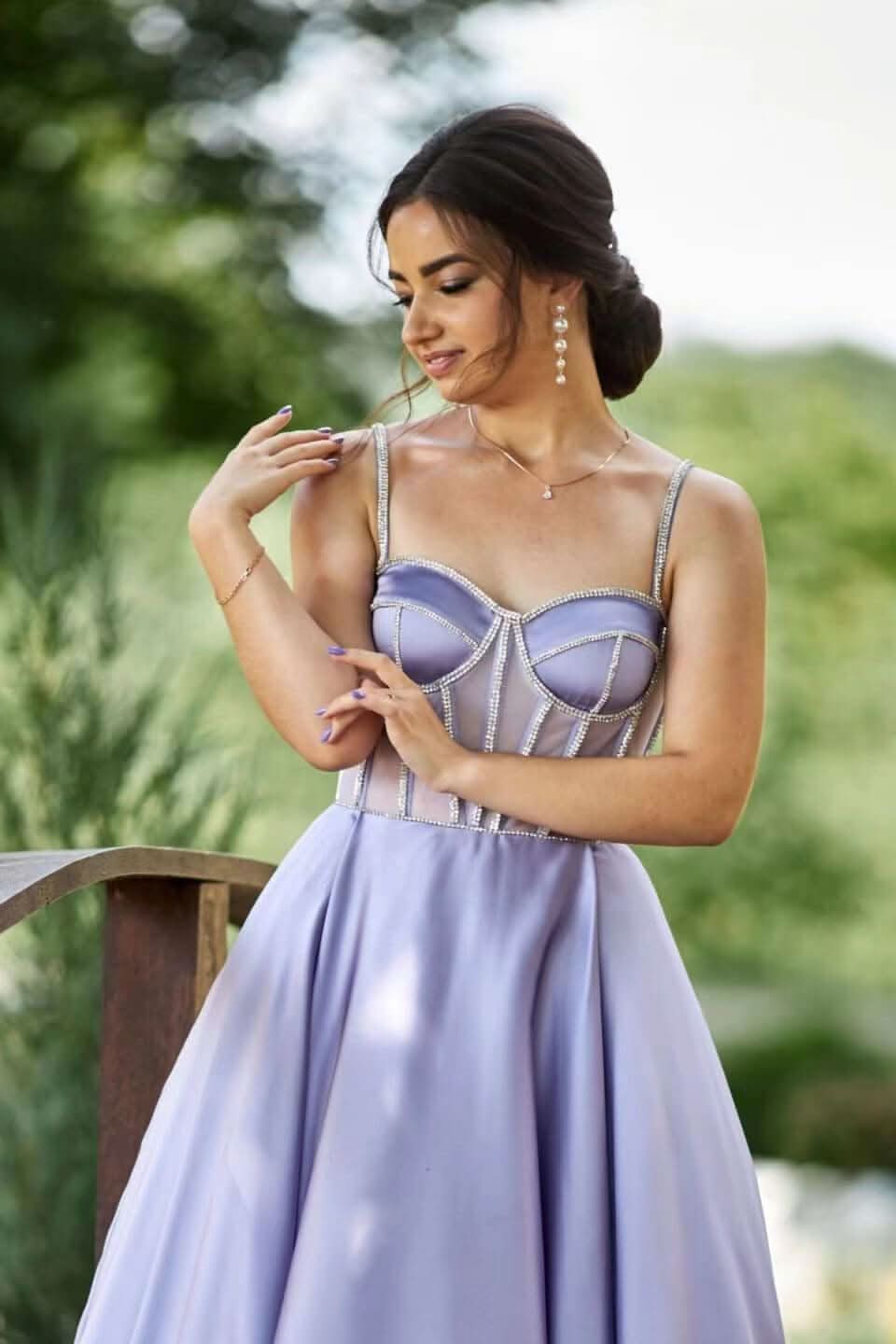 Lilac Spaghetti-Strap Sleeveless Tea Length Evening Dress with Beads BM bride