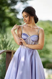 Lilac Spaghetti-Straps Sleeveless Tea Length Evening Dress with Beads BM bride