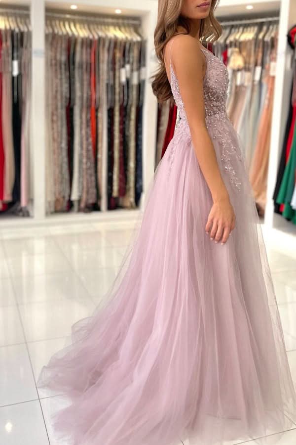 Beadings Spaghetti Strap Tulle A-Line Evening Dress BM bride