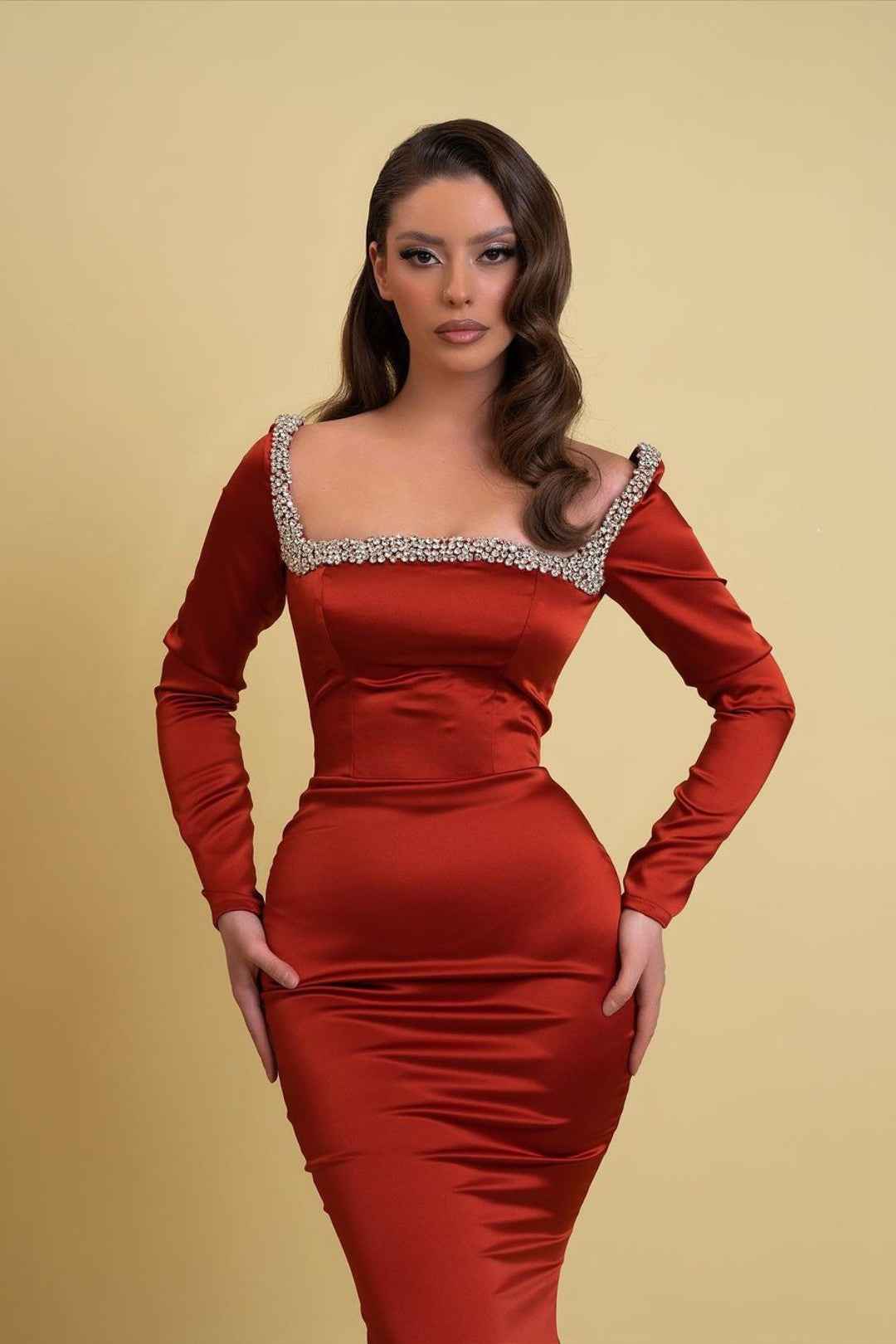 Square Neck Prom Dress Burgundy Long Sleeves Mermaid With Beading