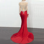 Red Mermaid Evening Dress with Satin Long Sleeves and Beading BM bride