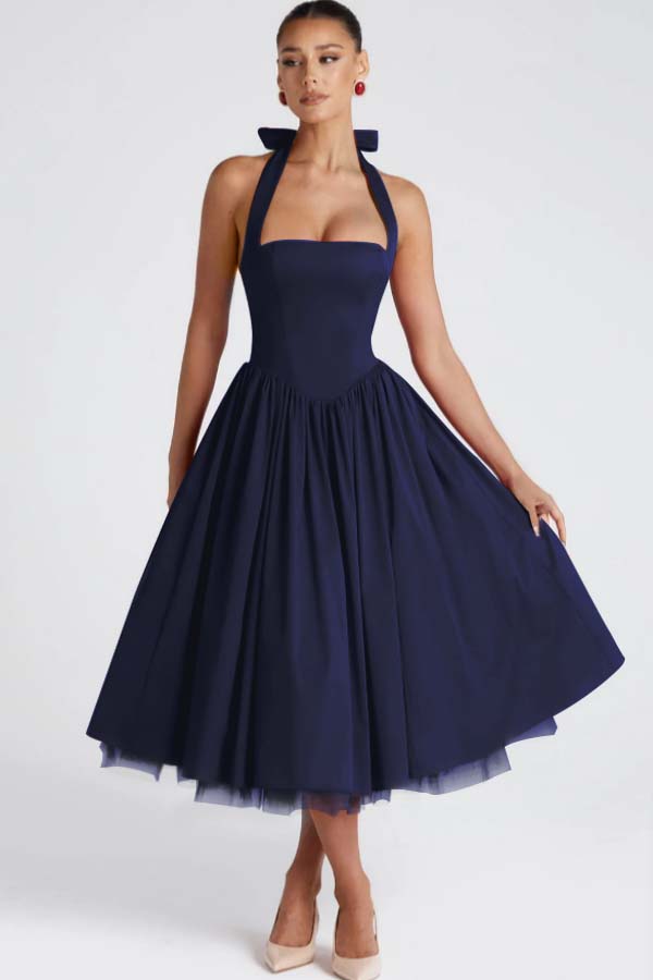 Halter Sleeveless Long A Line Prom Dress With Pleated Tulle BMBRIDE