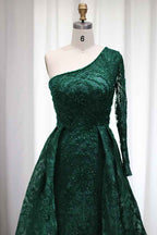 Emerald One Shoulder Long Sleeves Prom Dress Tulle With Diamond Appliques