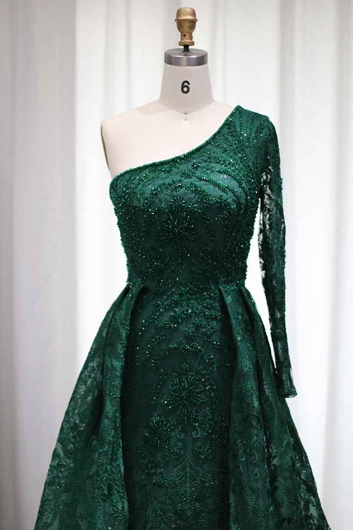 Emerald One Shoulder Long Sleeves Prom Dress Tulle With Diamond Appliques