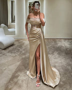Fashion Champagne Off-the-Shoulder Prom Dress, Cut Out Split BM bride