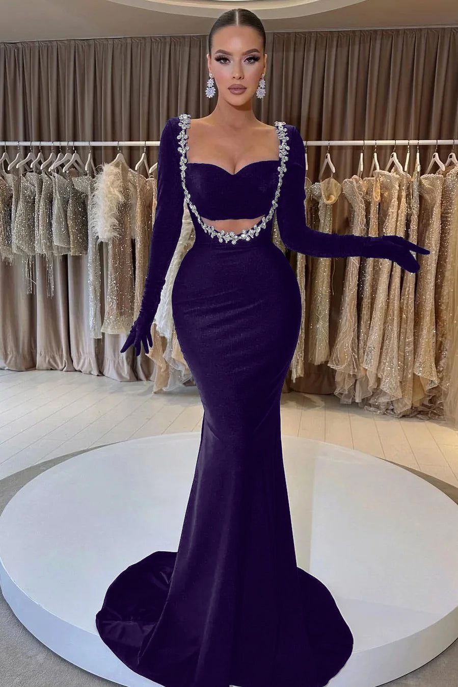 Charming Black Velvet Long Sleeve Beaded Long Mermaid Prom Dress With Gloves BMBRIDE