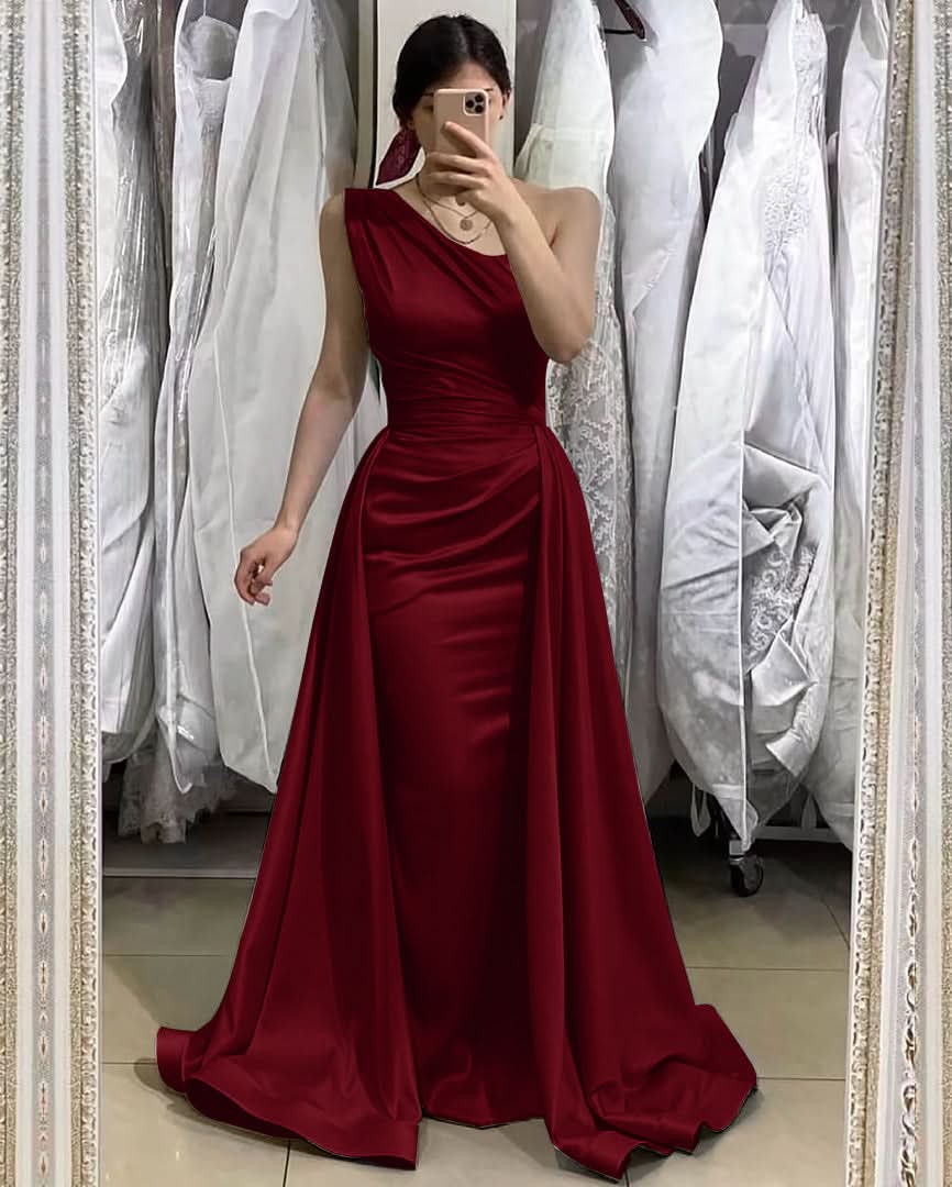 Light Blue One-Shoulder Sleeveless Long Mermaid Prom Dress with Detachable Skirt BM bride