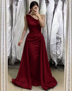 Light Blue One-Shoulder Sleeveless Long Mermaid Prom Dress with Detachable Skirt BM bride