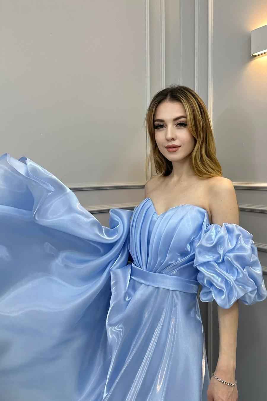 Off the Shoulder Bubble Sleeves Long Prom Dress With Pleated