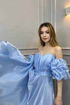Off the Shoulder Bubble Sleeves Long Prom Dress With Pleated