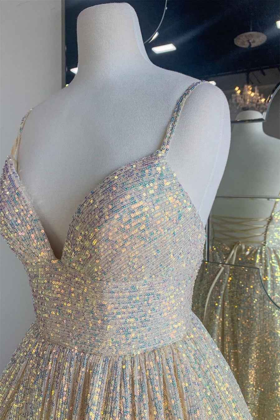 A Line V Neck Prom Dress Spaghetti Strap Sparkle With Appliques