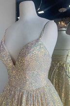 A Line V Neck Prom Dress Spaghetti Strap Sparkle With Appliques