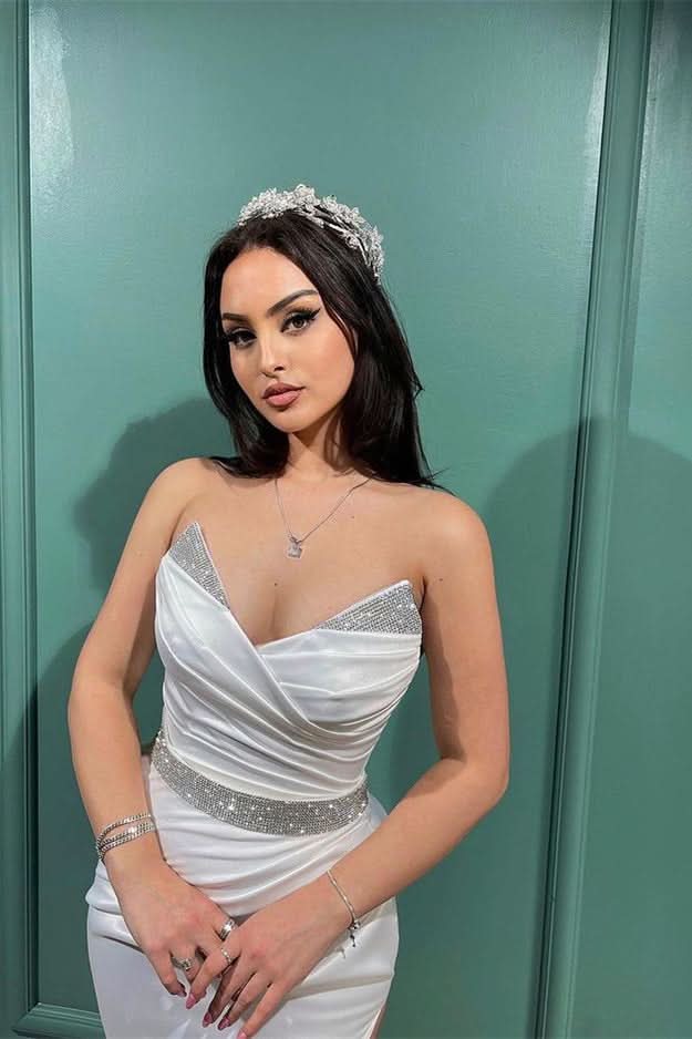 White Spaghetti-Straps V-Neck Split Mermaid Evening Dress with Sequins BM bride