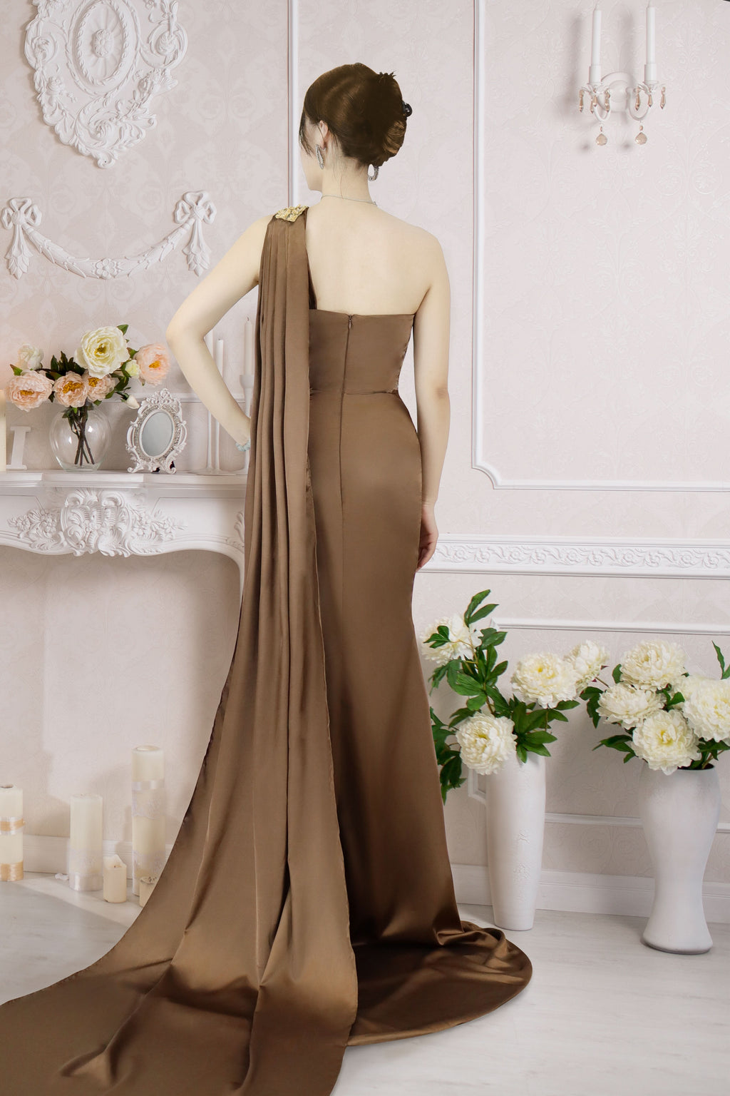 One-Shoulder Sleeveless Brown Long Prom Dress with Slit BM bride