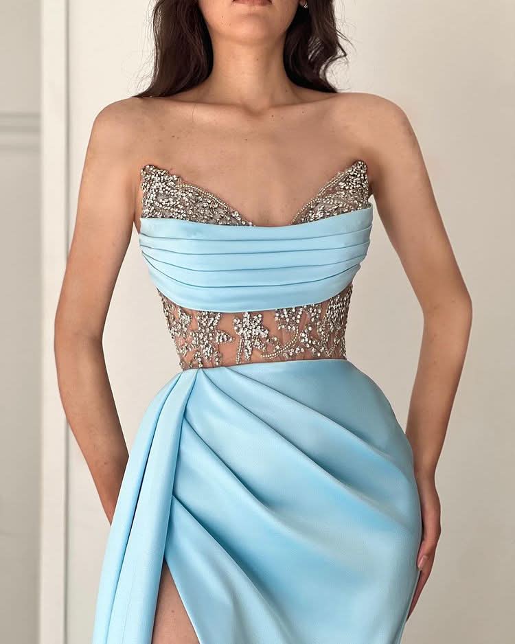 Gorgeous Sky Blue Strapless Mermaid Prom Dress with Beadings Split BM bride