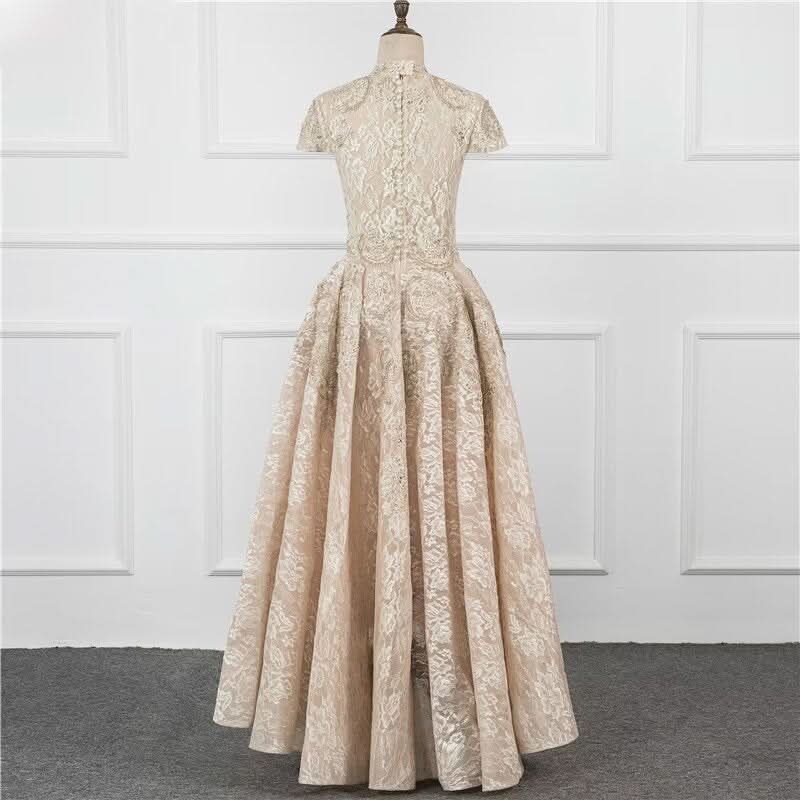 A-Line Sequin Appliques Prom Dress, Long Pleated with Short Sleeves BM bride