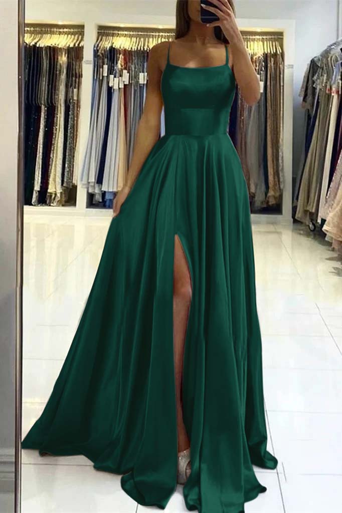 Pink Spaghetti Strap Sleeveless Backless Long Prom Dress With Front Split BMBRIDE