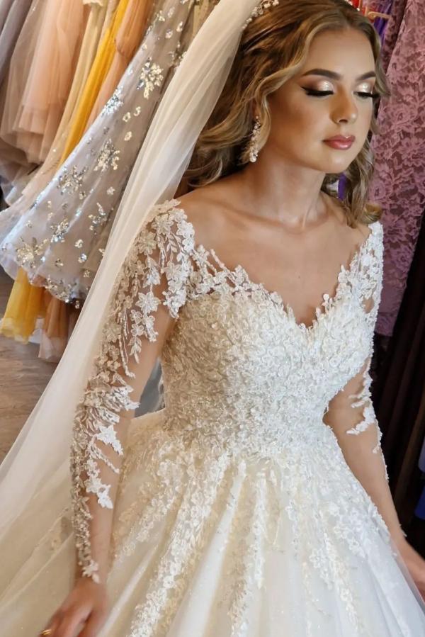 Gorgeous White A-Line V-Neck Lace Wedding Dress with Long Sleeves BM bride