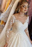 Gorgeous White A-Line V-Neck Lace Wedding Dress with Long Sleeves BM bride