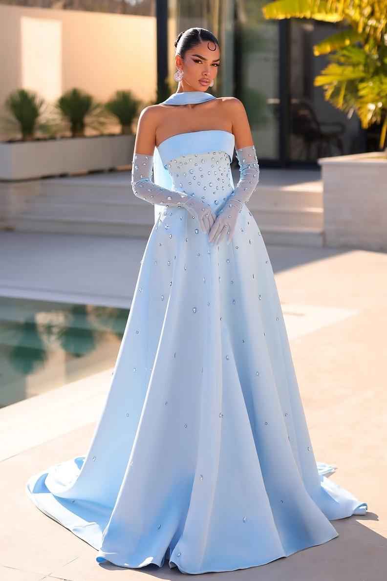 Sleeveless Strapless Long Prom Dress With Appliques Gloves