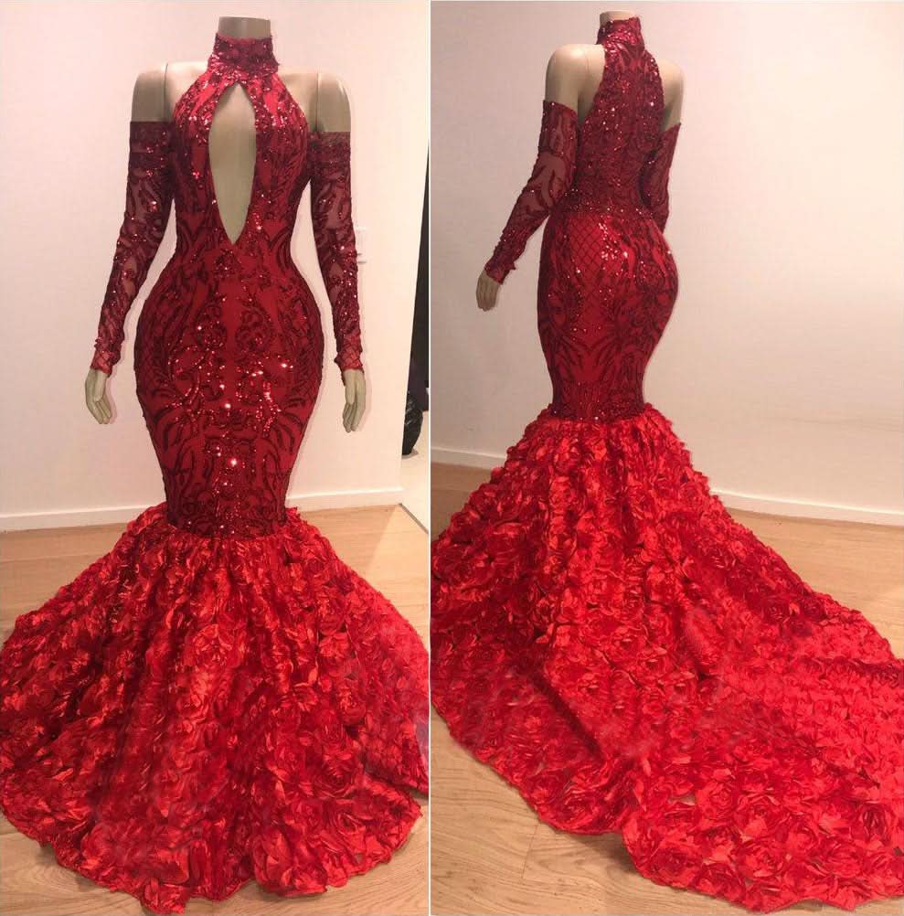 Burgundy High Collar Long Sleeve Sequined Mermaid Prom Dress BM bride