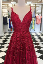 Elegant Spaghetti Strap A Line Long Prom Dress V Neck Tulle With Appliques
